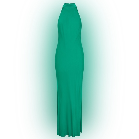 Meshki Claire Green Satin Drape Back Maxi Dress with Split - Picture 10 of 11